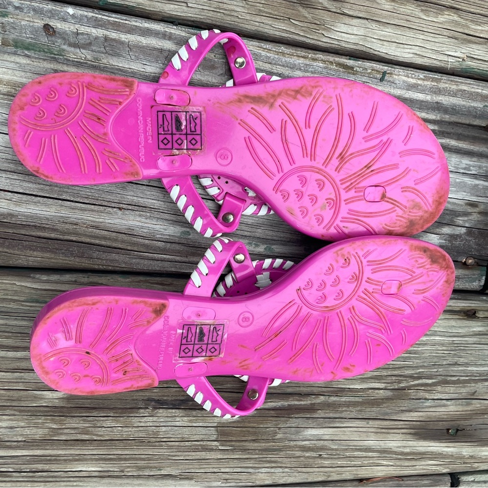 Jack Rogers Georgica Jelly Bright Pink Thong Sandals White Whipstich Trim Size 8 - Picture 6 of 9